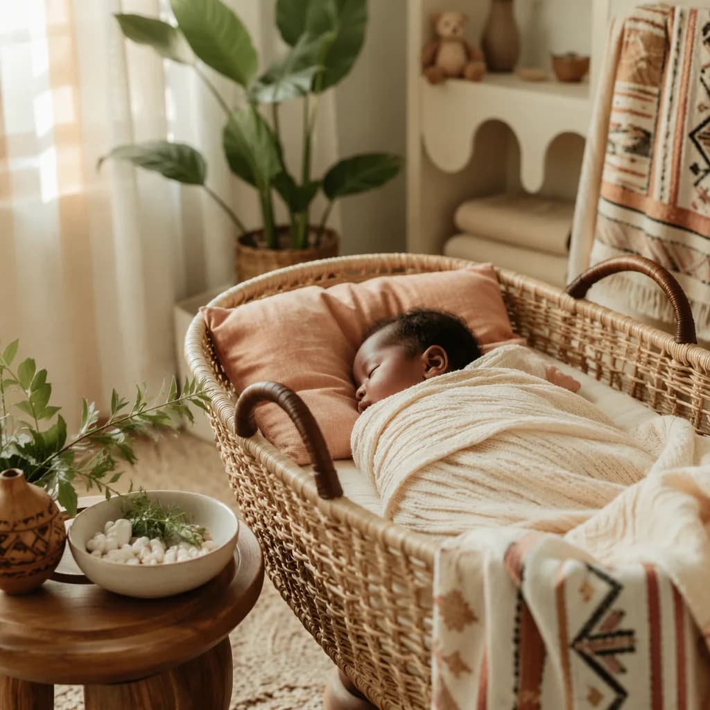 Sleeping newborn in a warm Igbo-inspired nursery with soft pastel textiles and natural light.