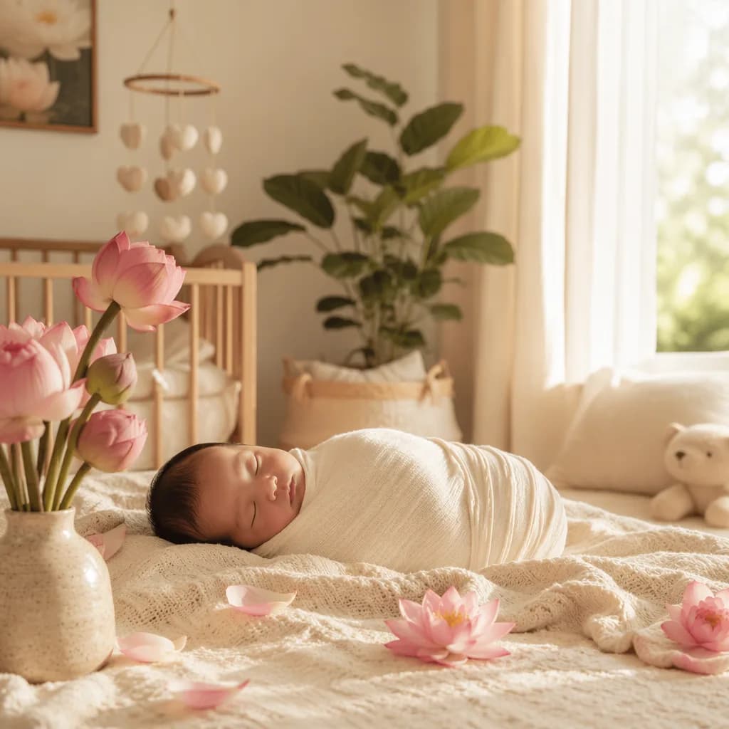 Peaceful newborn in a soft pastel nursery with lotus flowers and warm natural light.