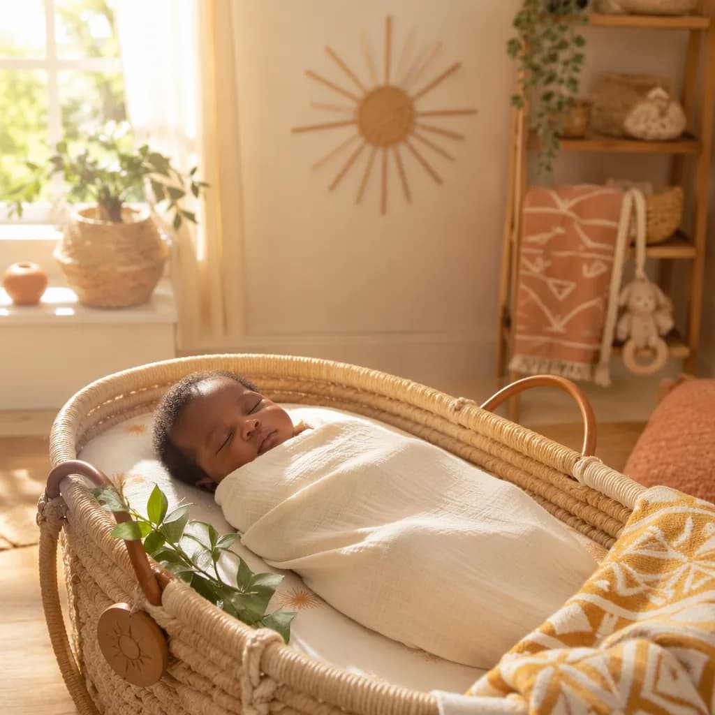 Sleeping newborn in a warm sunlit nursery with subtle Igbo-inspired accents.