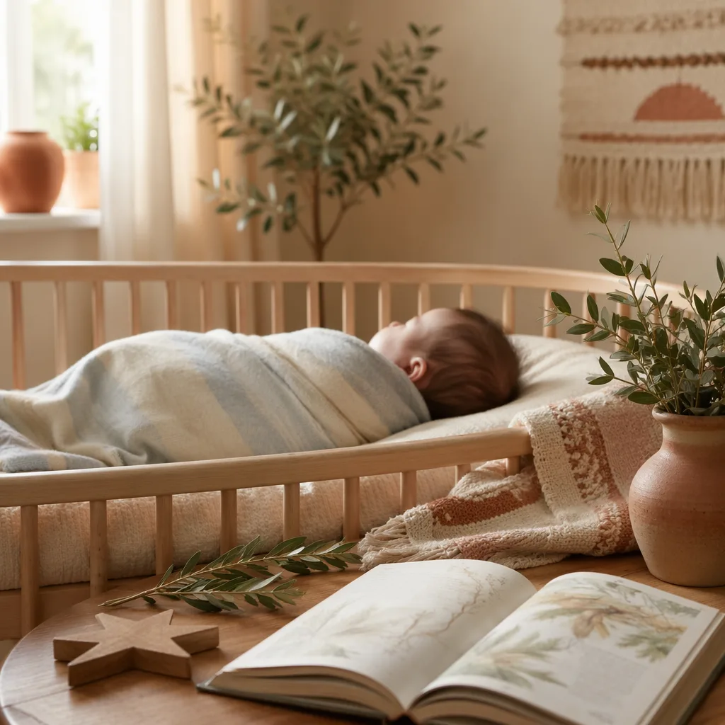 Soft pastel nursery with a swaddled non-identifiable baby and warm Latin-inspired details.