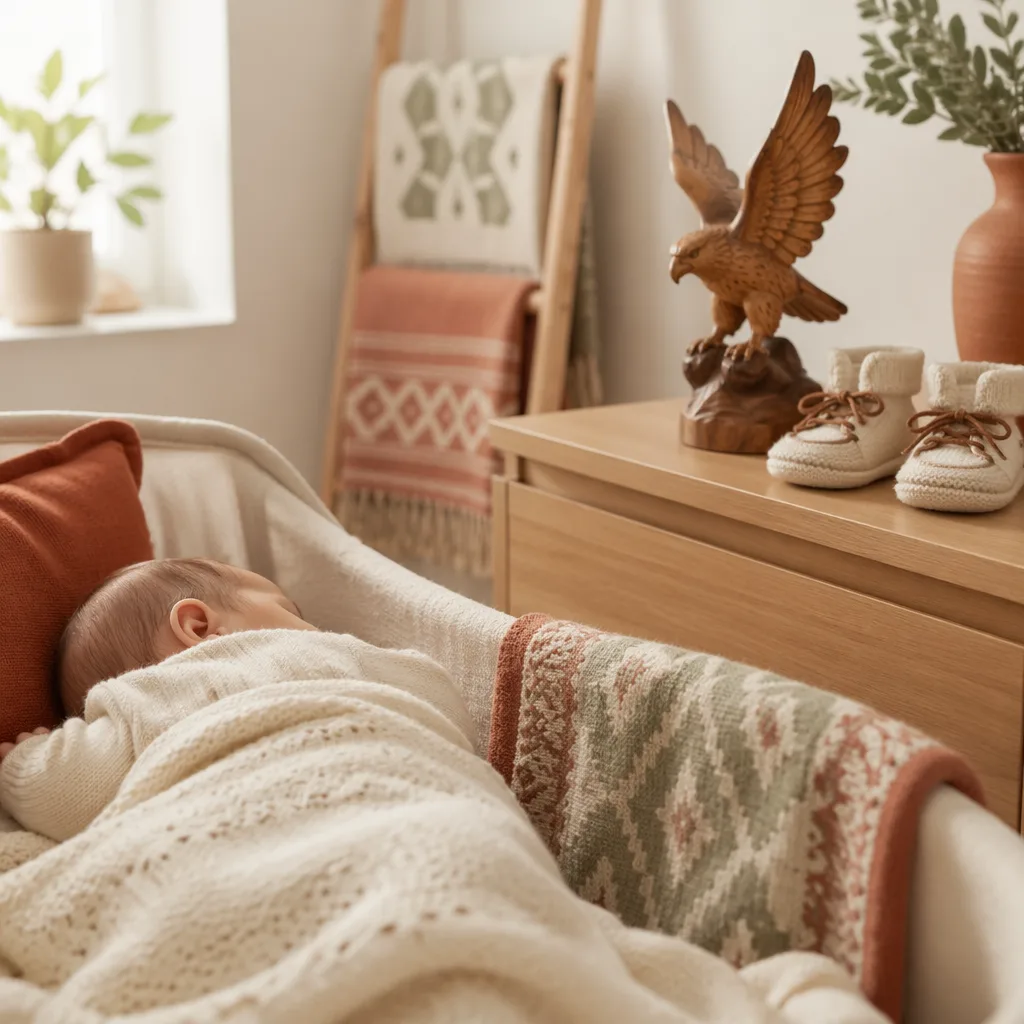A cozy pastel nursery with a swaddled baby, twin booties, and a small wooden eagle.