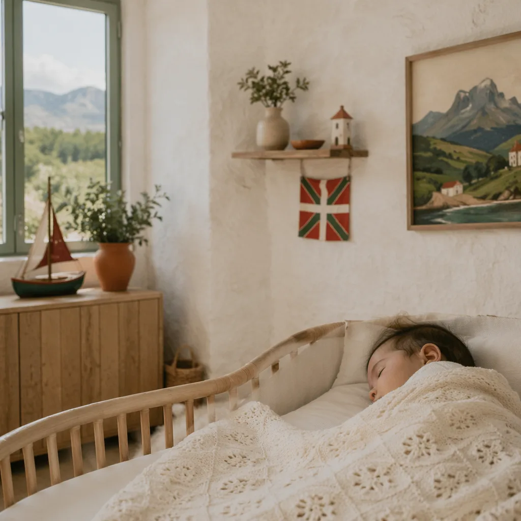 A peaceful baby sleeping in a warm pastel Spanish-inspired nursery.