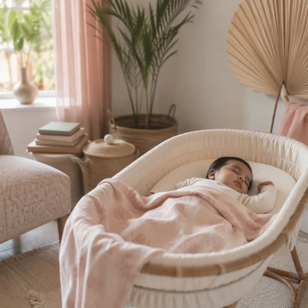 A peaceful Tamil nursery scene with a sleeping baby, soft books, and warm pastel decor.