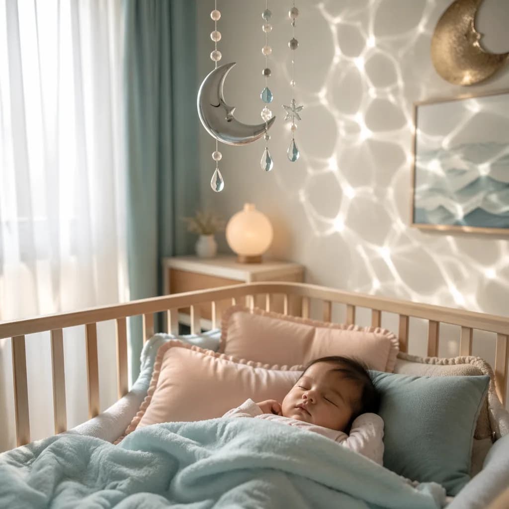 A peaceful baby sleeping in a soft pastel nursery with gentle water-inspired decor.