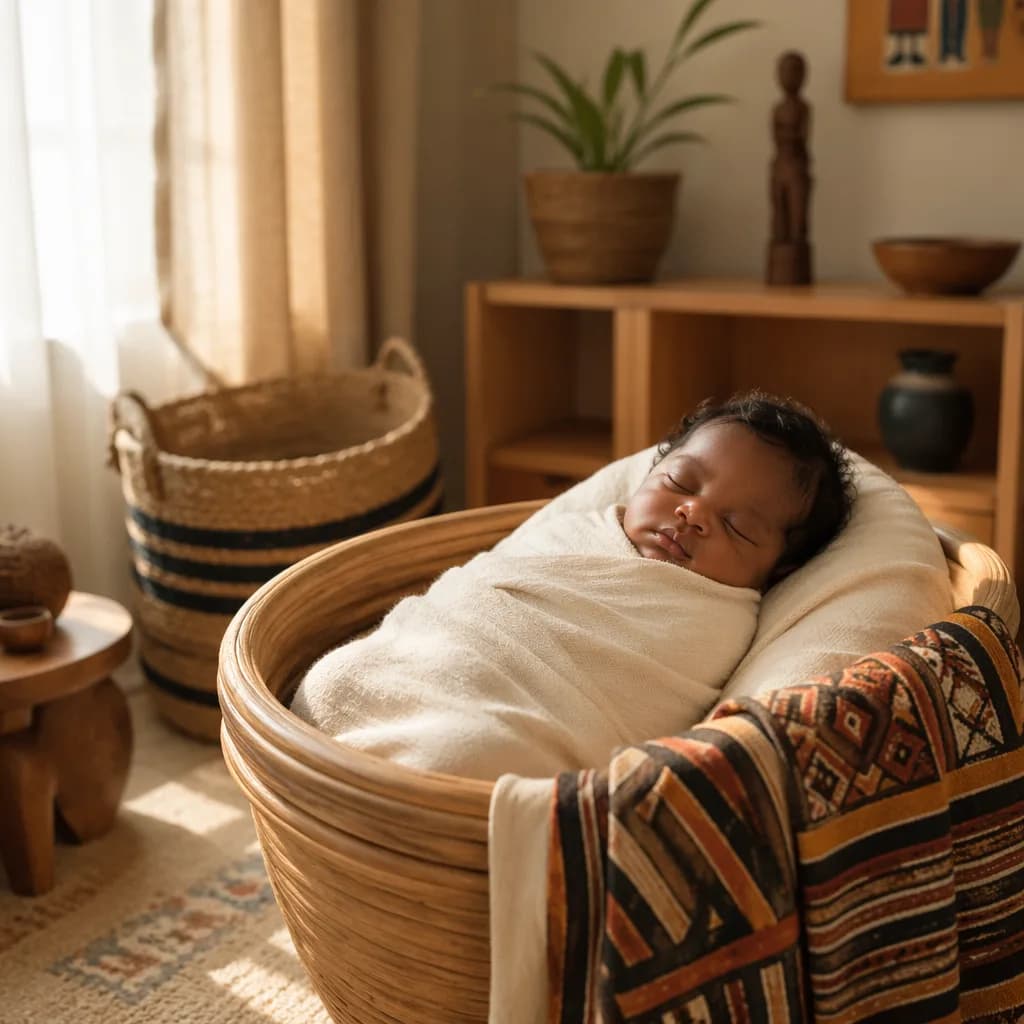 Sleeping baby in a soft pastel nursery with Yoruba-inspired decor.