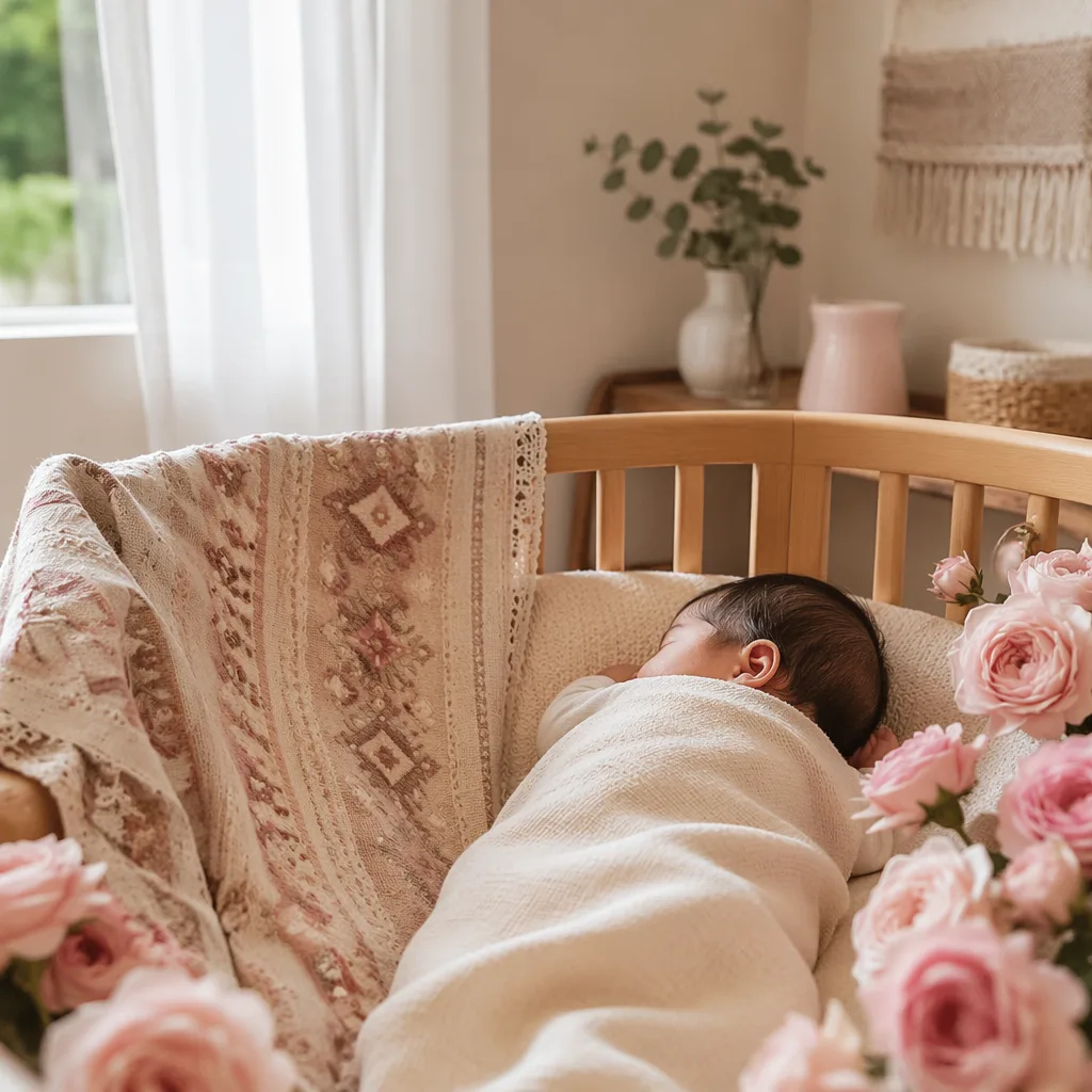 A peacefully sleeping baby in a soft pastel nursery with gentle rose accents.