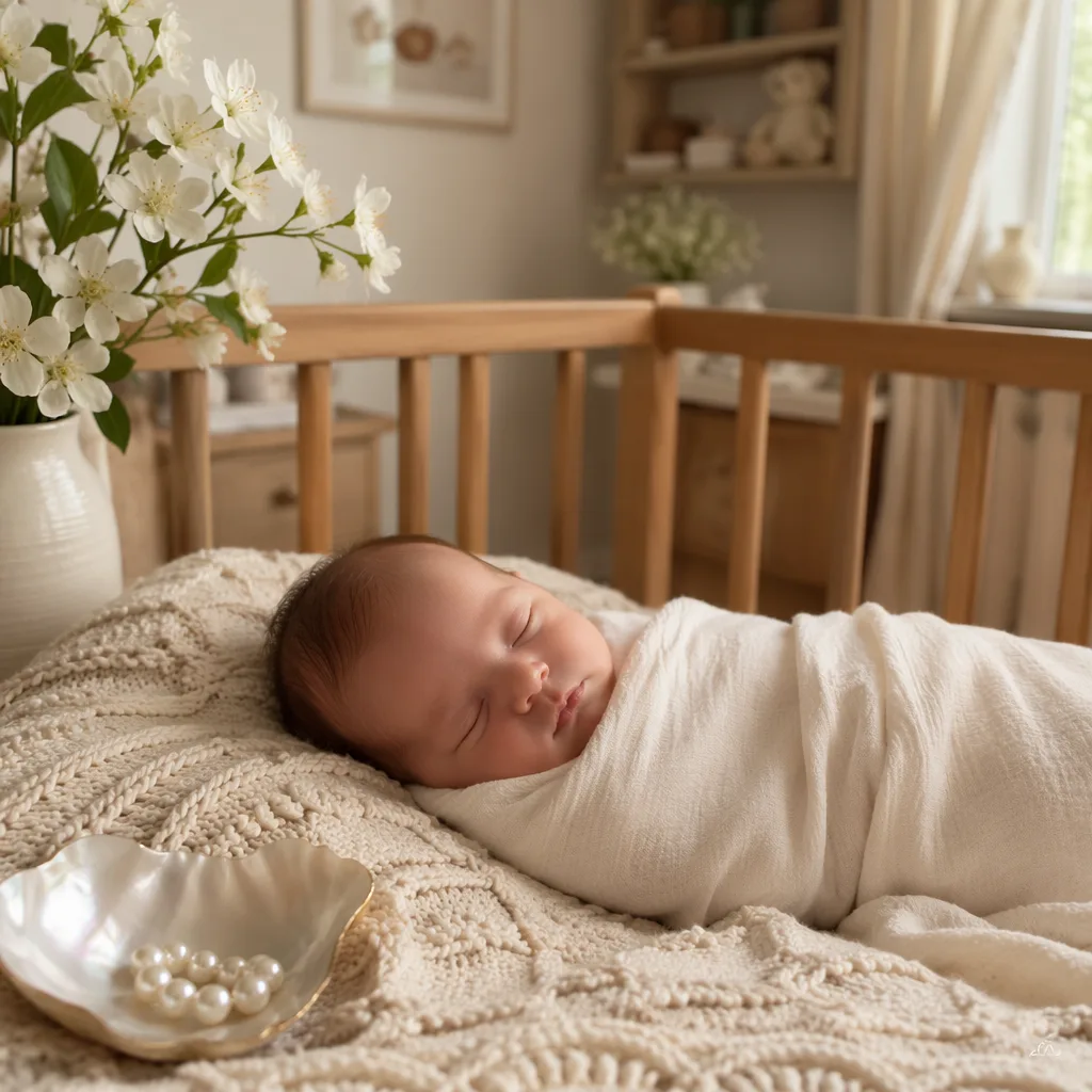 Soft pastel nursery with a swaddled sleeping baby and pearl-inspired keepsake details.