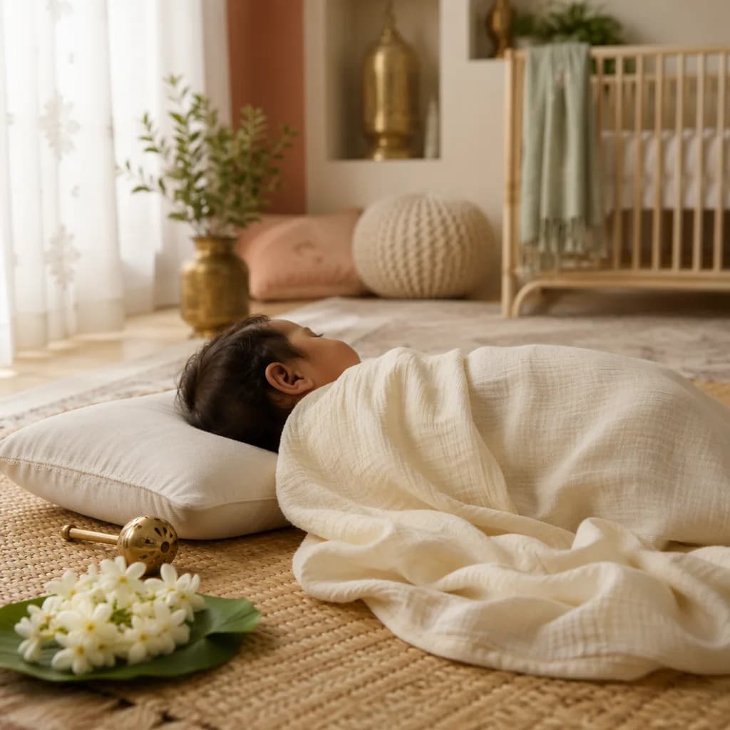 A peaceful Tamil baby sleeping in a soft pastel nursery with jasmine flowers and warm natural light.