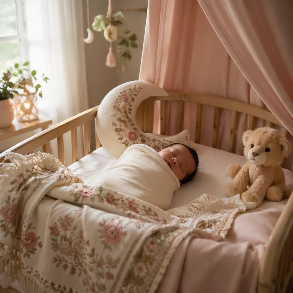 A peaceful newborn in a soft pastel nursery with cozy Urdu-inspired details.