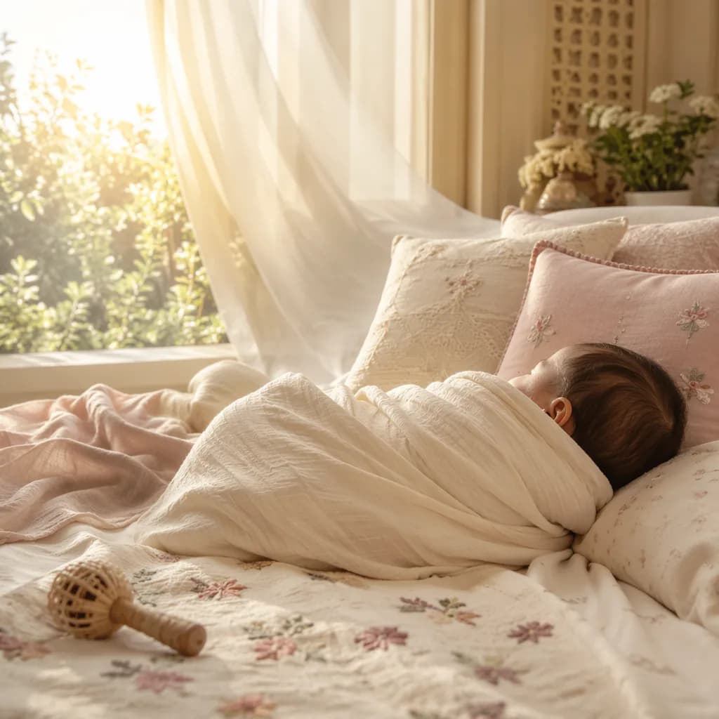Sleeping baby in a softly lit cozy nursery with pastel South Asian-inspired details