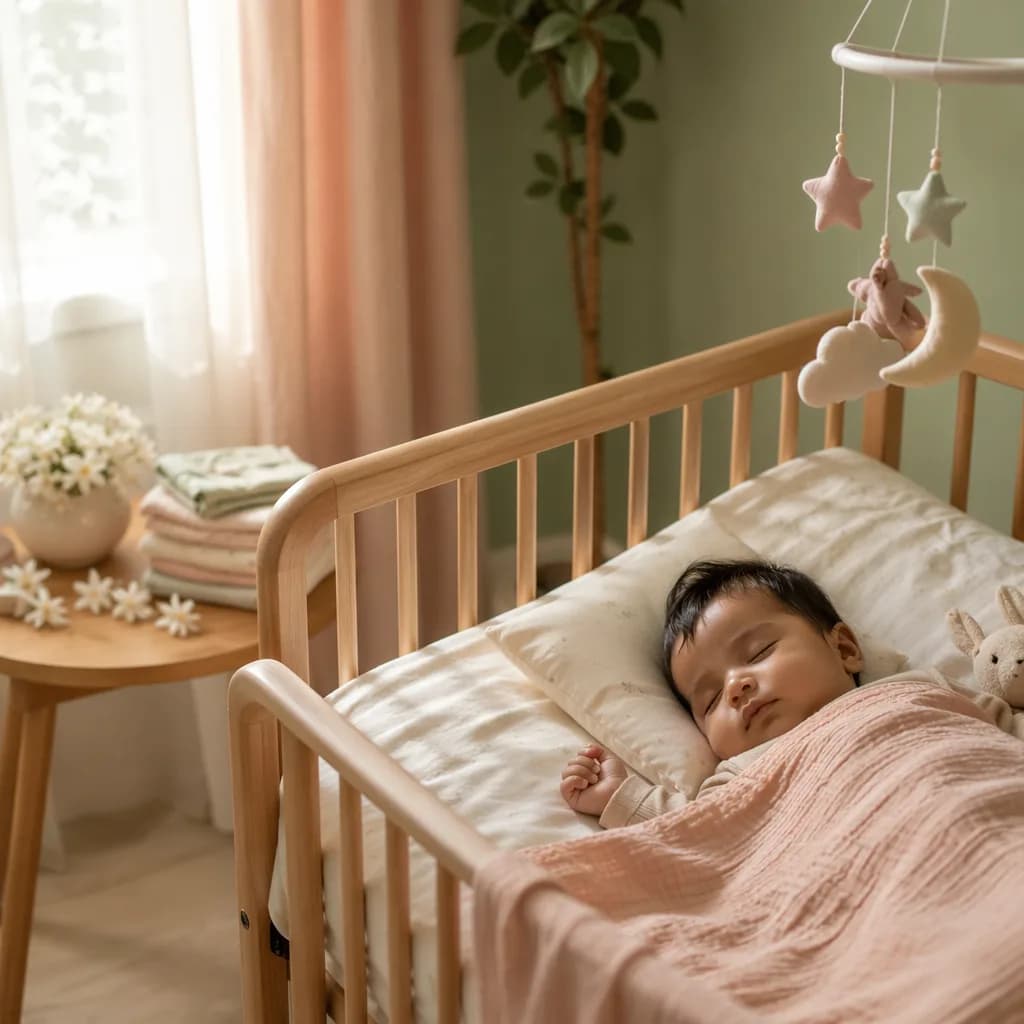Peaceful Indian baby sleeping in a soft pastel nursery, evoking care and tenderness.
