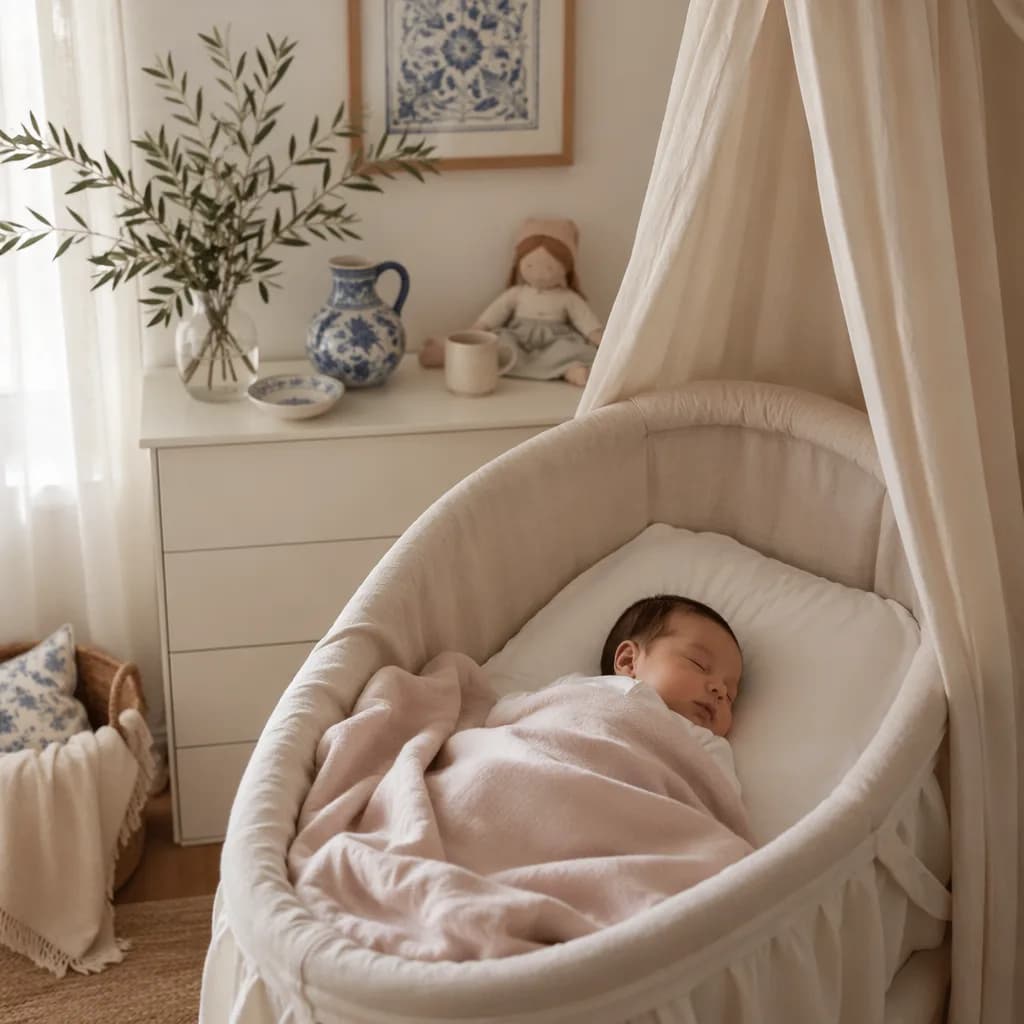 A peaceful baby sleeping in a pastel Portuguese-inspired nursery with soft natural light.