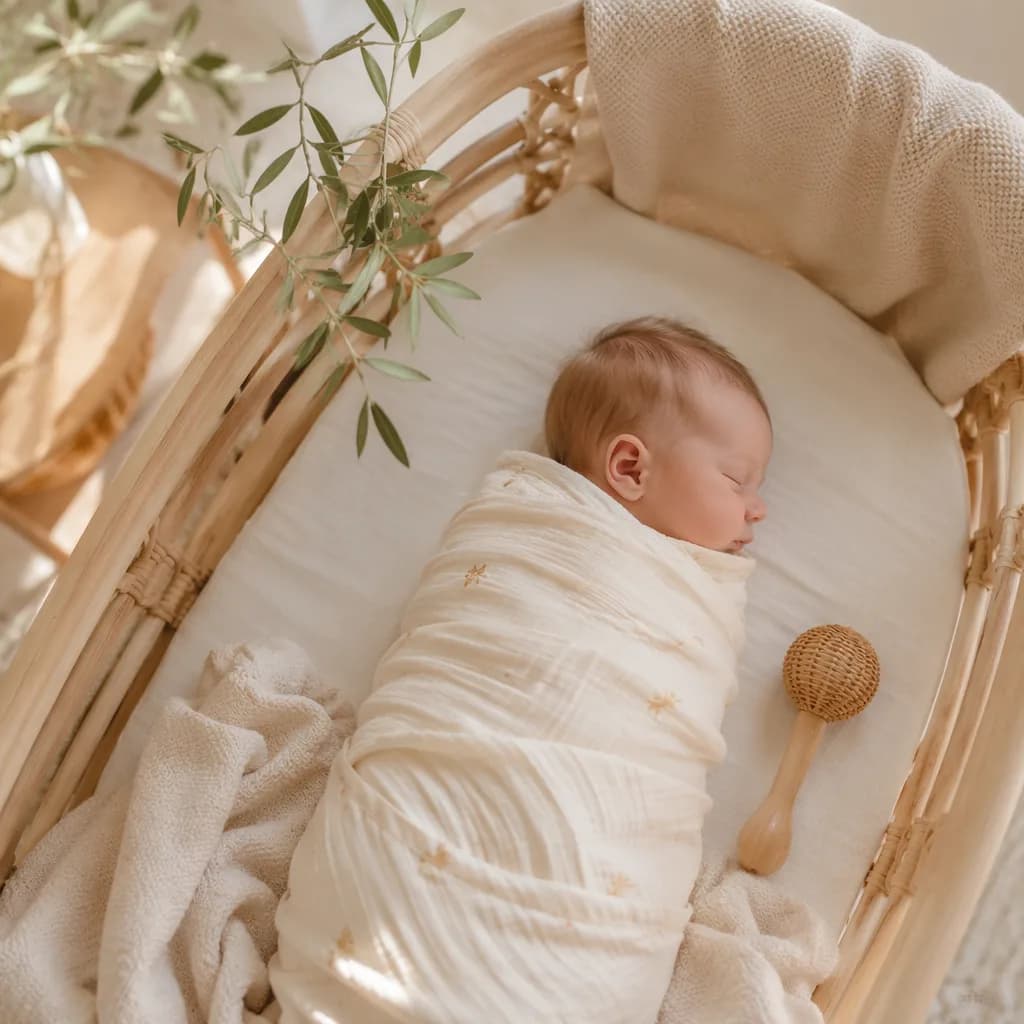 A peacefully sleeping baby in a soft Spanish-inspired nursery with warm pastel accents.
