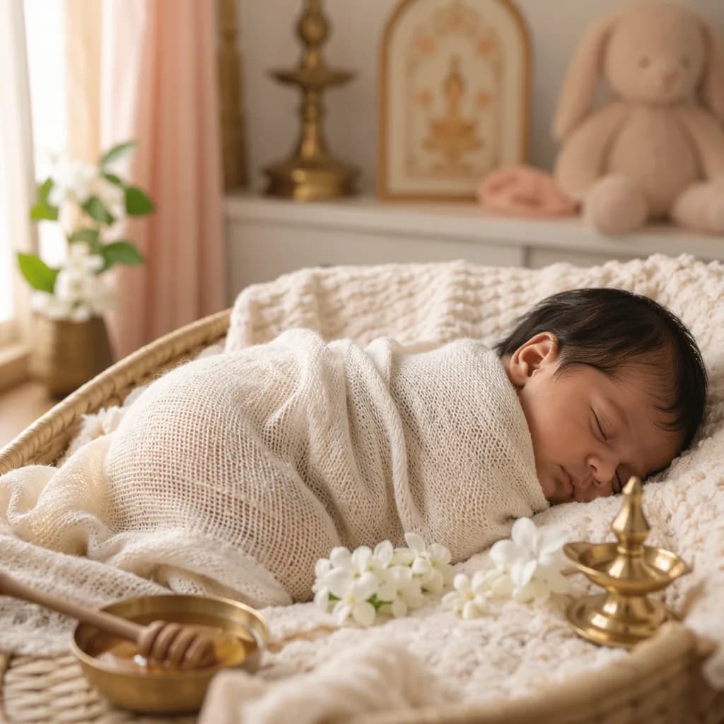 Soft Tamil-inspired nursery scene with a peacefully swaddled baby and warm honey pastel accents