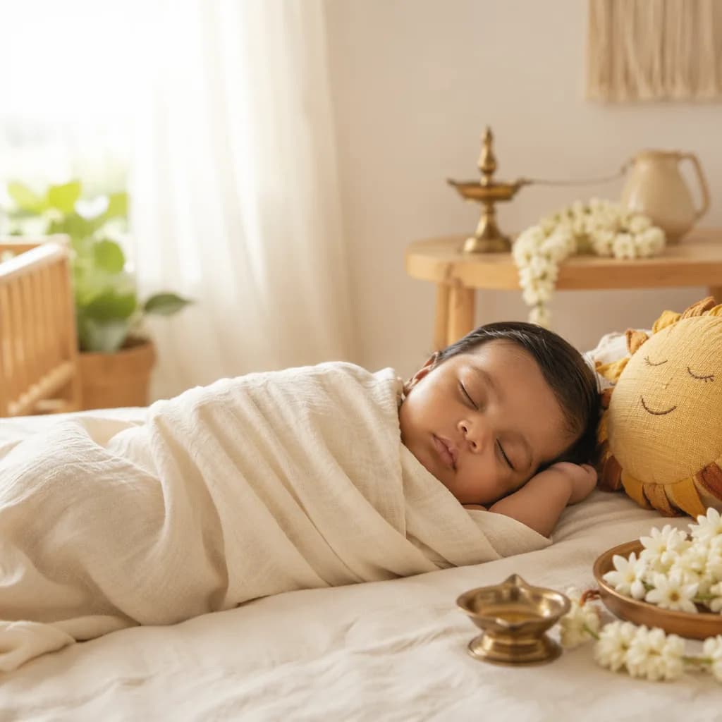 A peaceful Tamil-inspired nursery with a sleeping baby, jasmine flowers, and a soft sun-shaped toy.