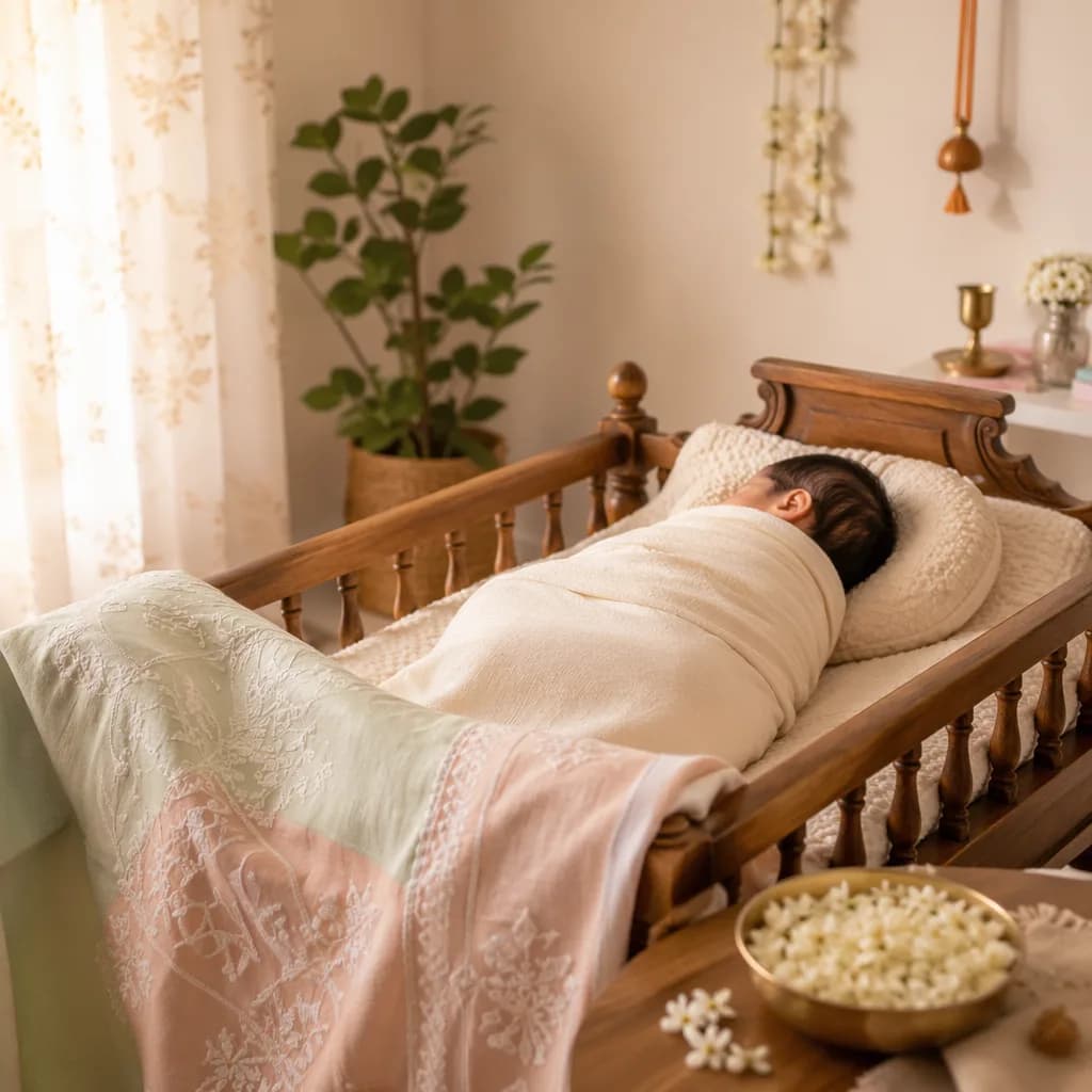 A peaceful Tamil-inspired nursery with a swaddled newborn in soft morning light.