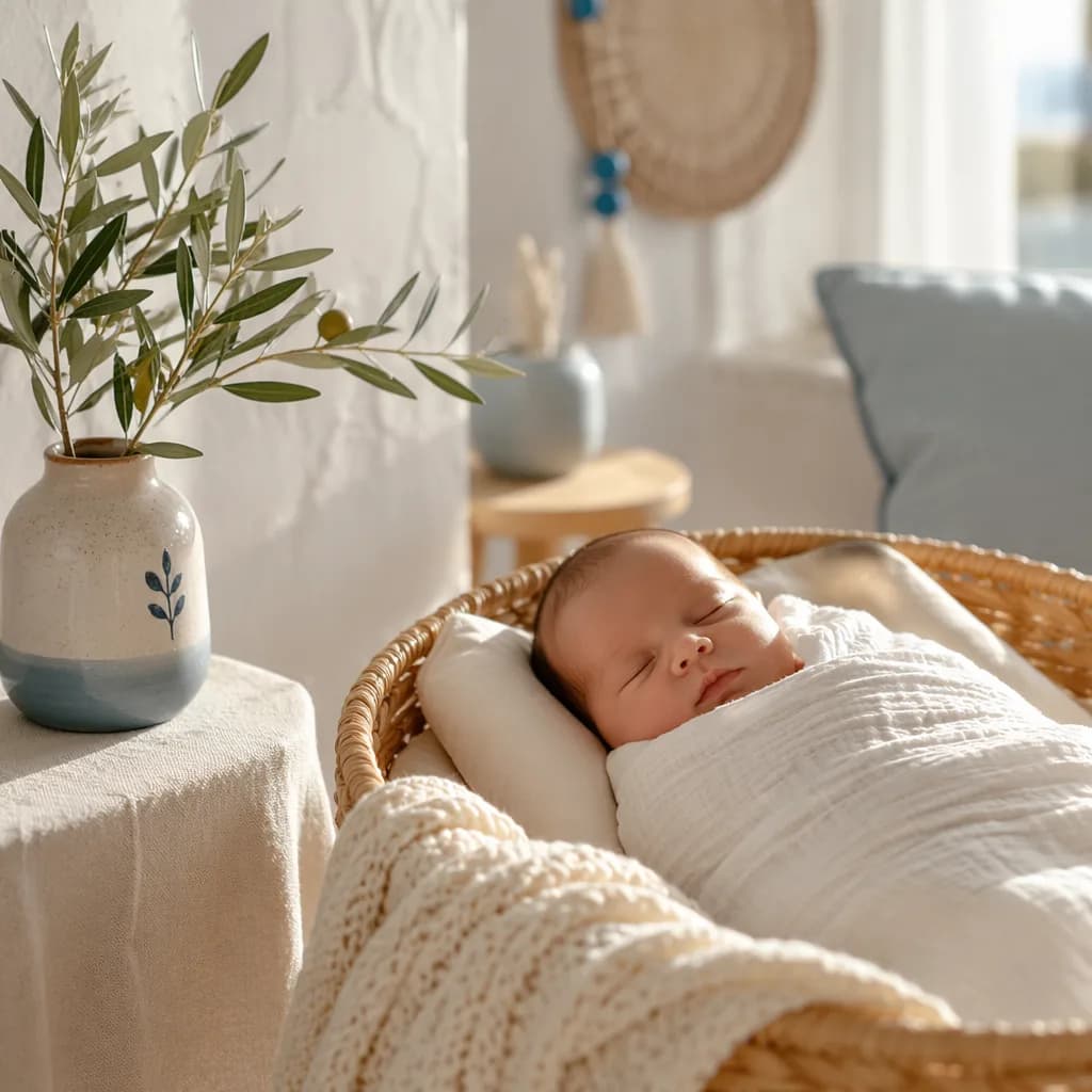 Sleeping newborn in a softly lit Greek-inspired nursery with olive branch and pastel linens.
