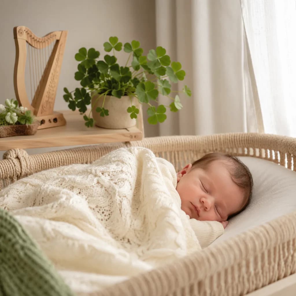Sleeping baby in a soft Irish-inspired nursery with gentle green accents