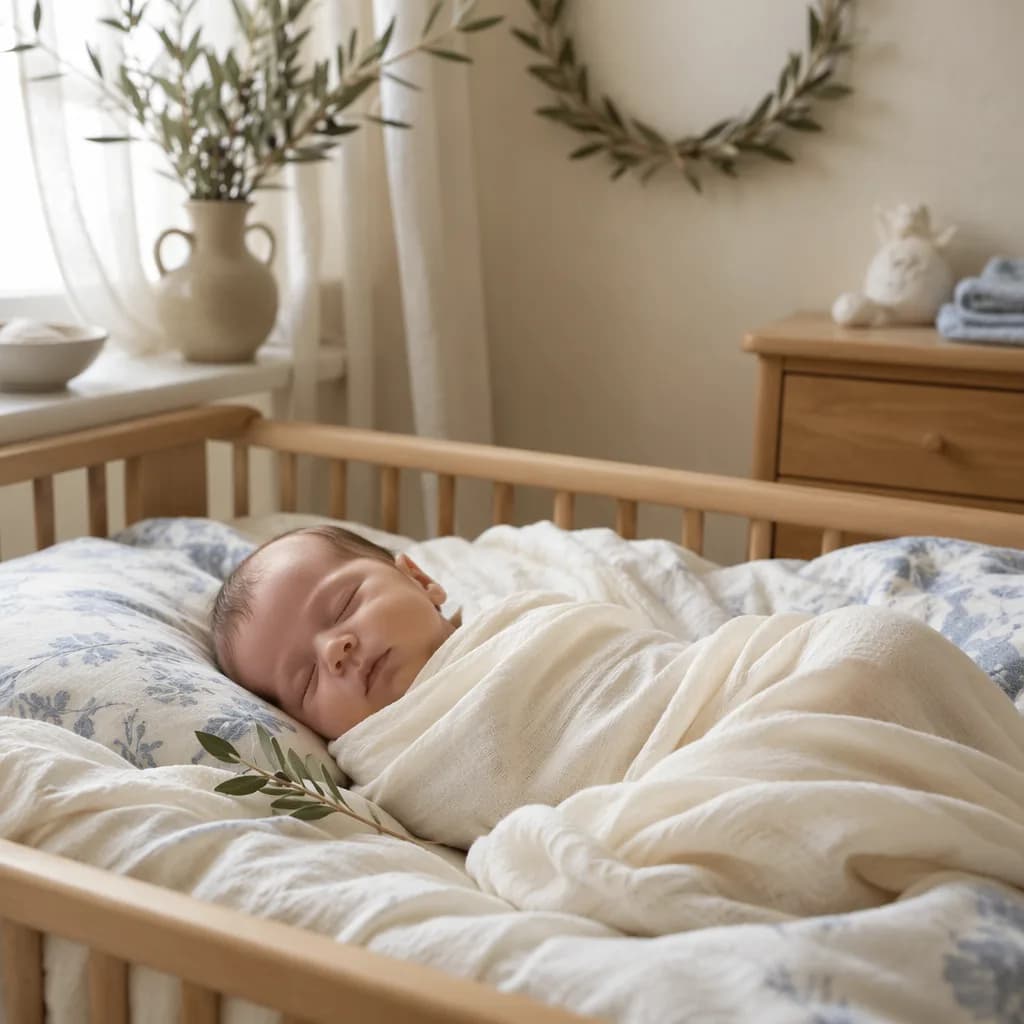 A swaddled baby in a softly lit nursery with Greek-inspired olive and blue accents.