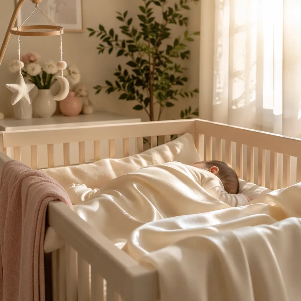 A softly lit nursery with a baby resting under an ivory silk blanket.