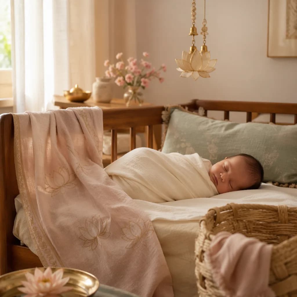 Peaceful newborn in a soft pastel nursery with lotus-inspired details.