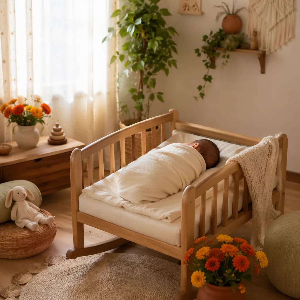 A peaceful swaddled baby in a warm pastel nursery with soft natural light and gentle floral accents.