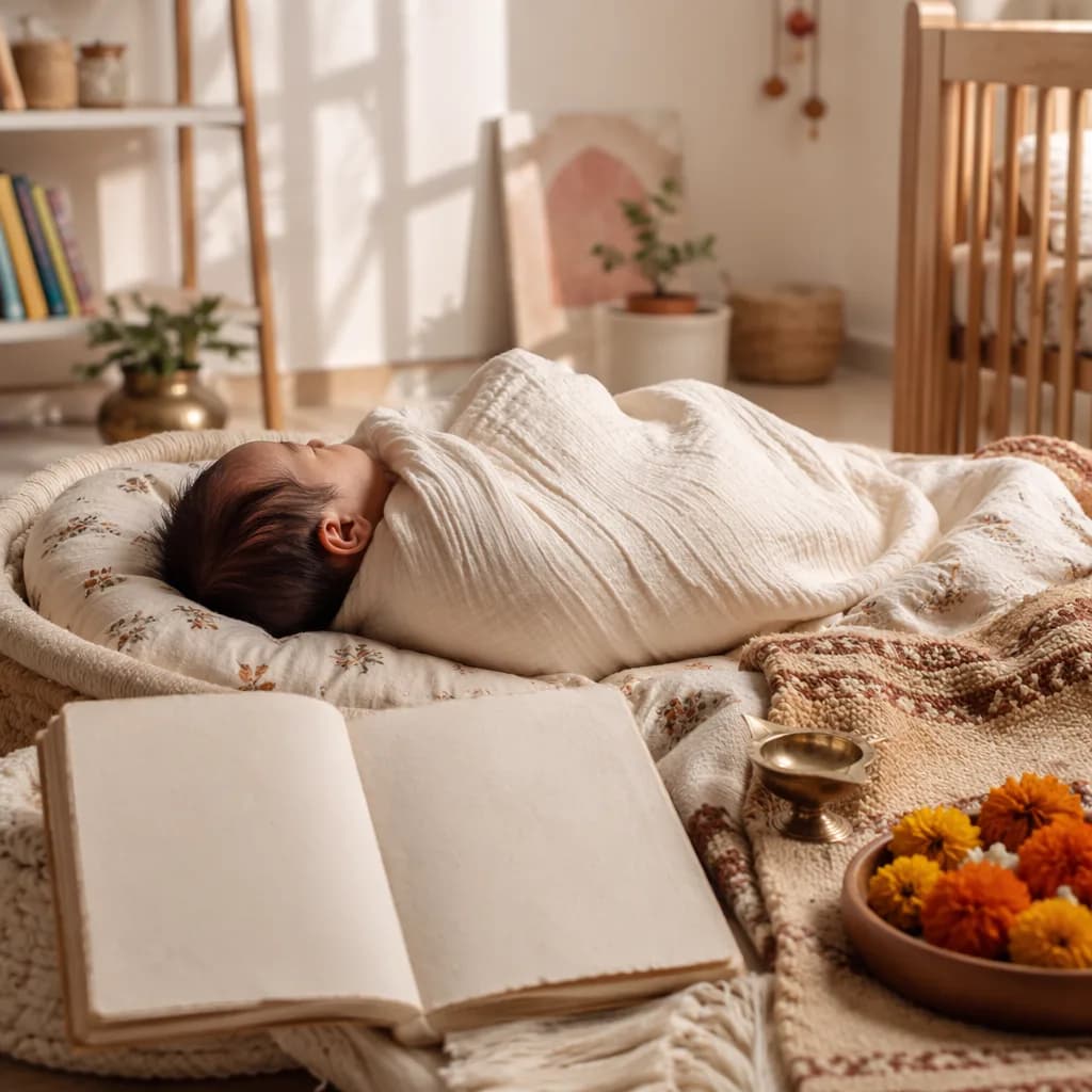 A peacefully swaddled baby in a soft pastel nursery with Indian-inspired floral and poetic details.