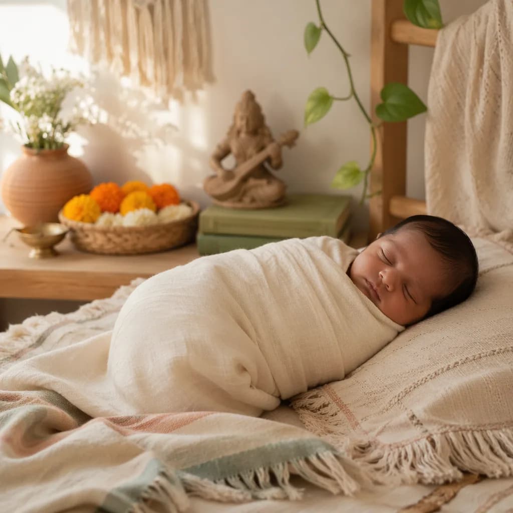Sleeping newborn in a soft pastel nursery with subtle Indian-inspired floral and earthy details.