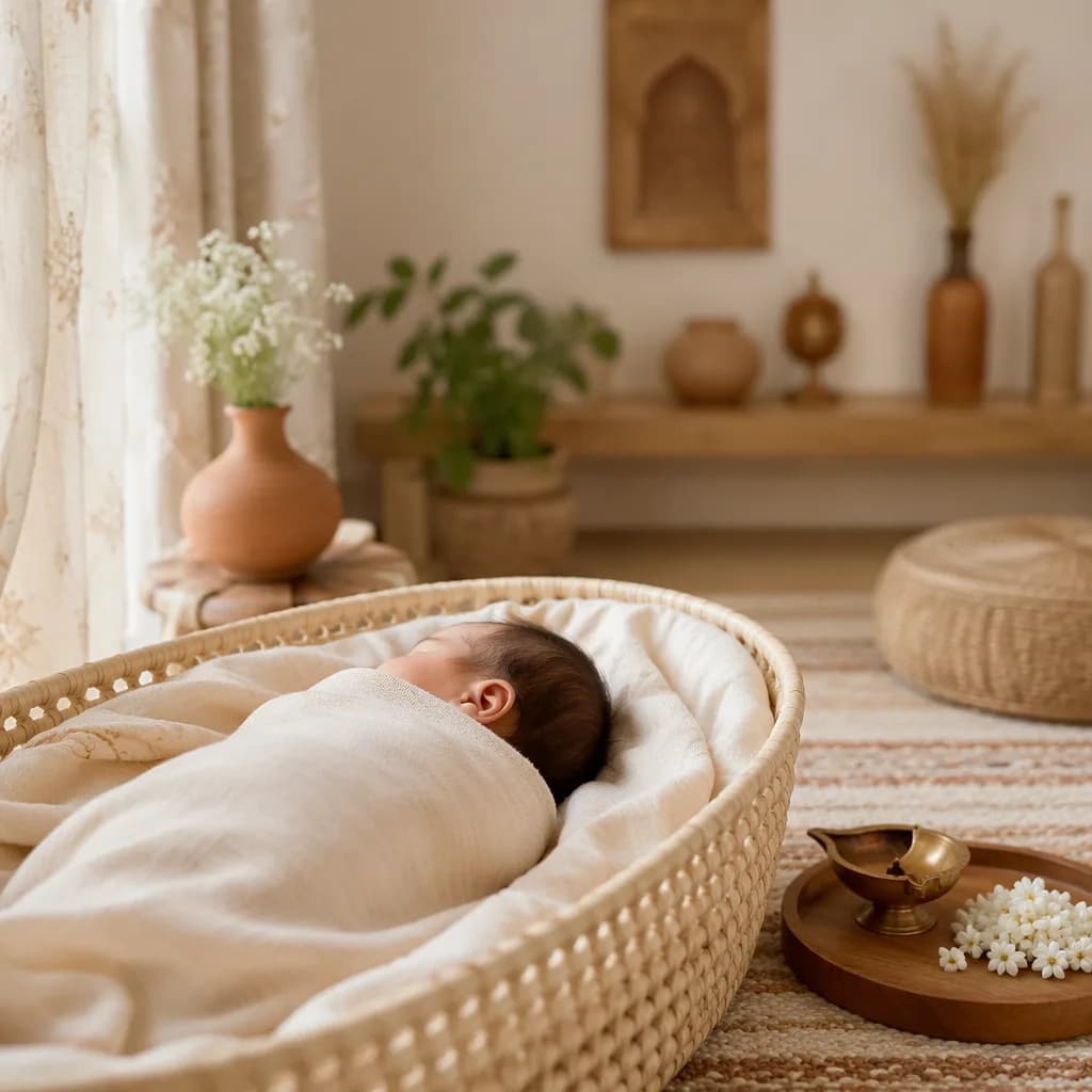 Sleeping newborn in a soft pastel nursery with jasmine and earthy Indian-inspired decor.
