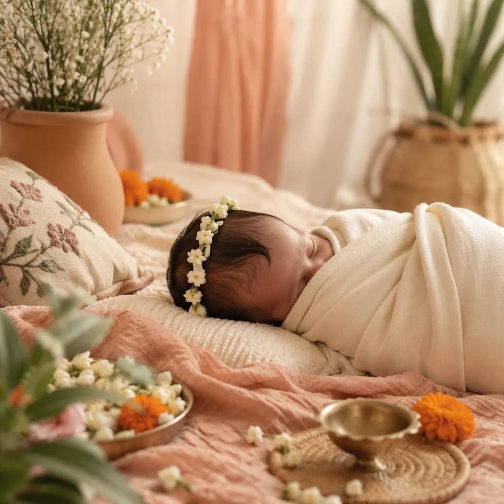 Sleeping newborn in a soft Indian-inspired nursery with flowers and warm pastel decor.