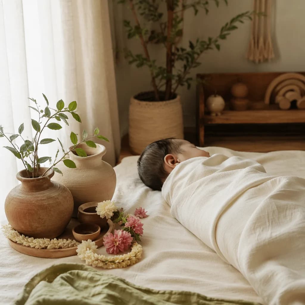 Sleeping baby in a warm pastel nursery with earthy clay pots and greenery.