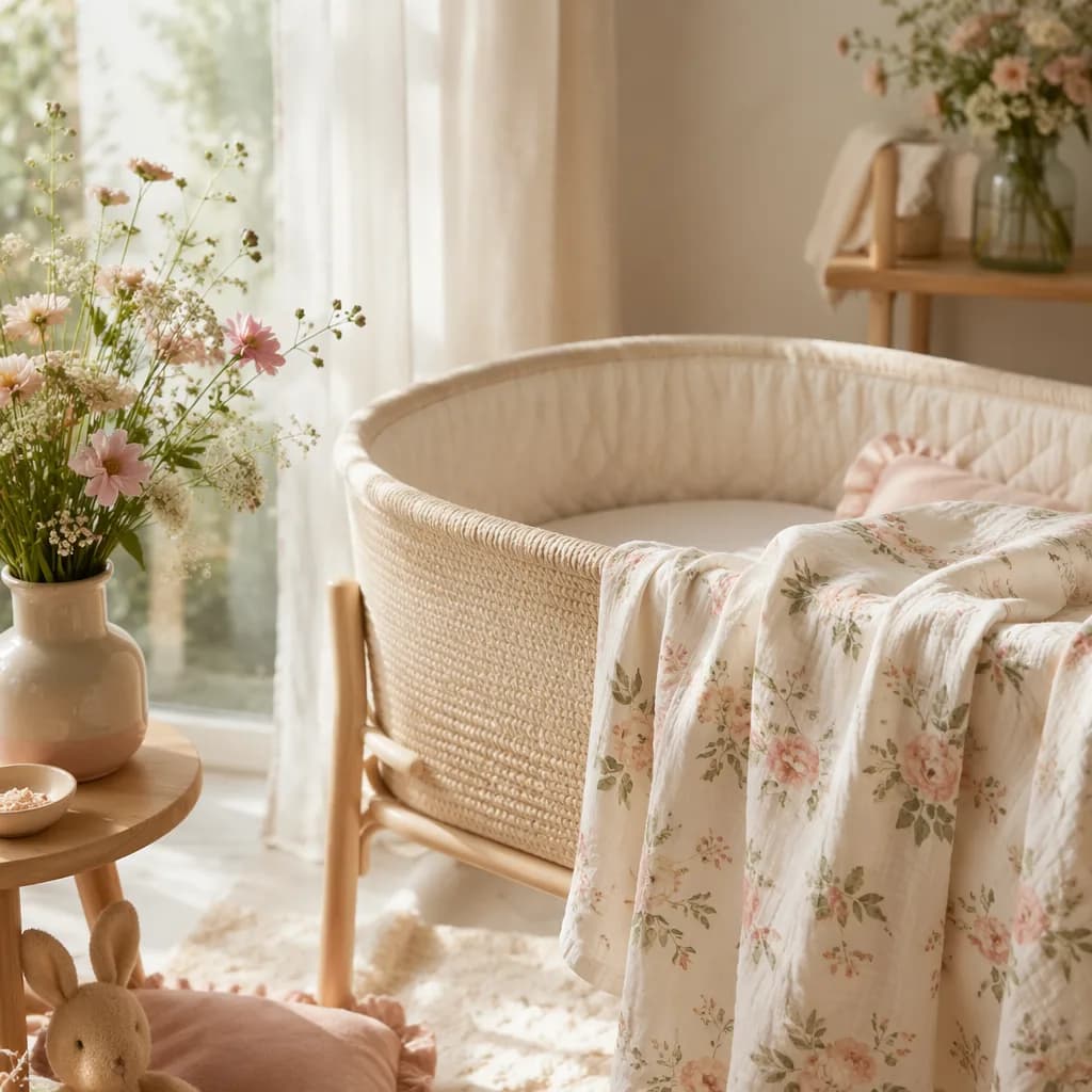 Soft pastel nursery with flowers and a cozy bassinet inspired by İrem Çiçek.