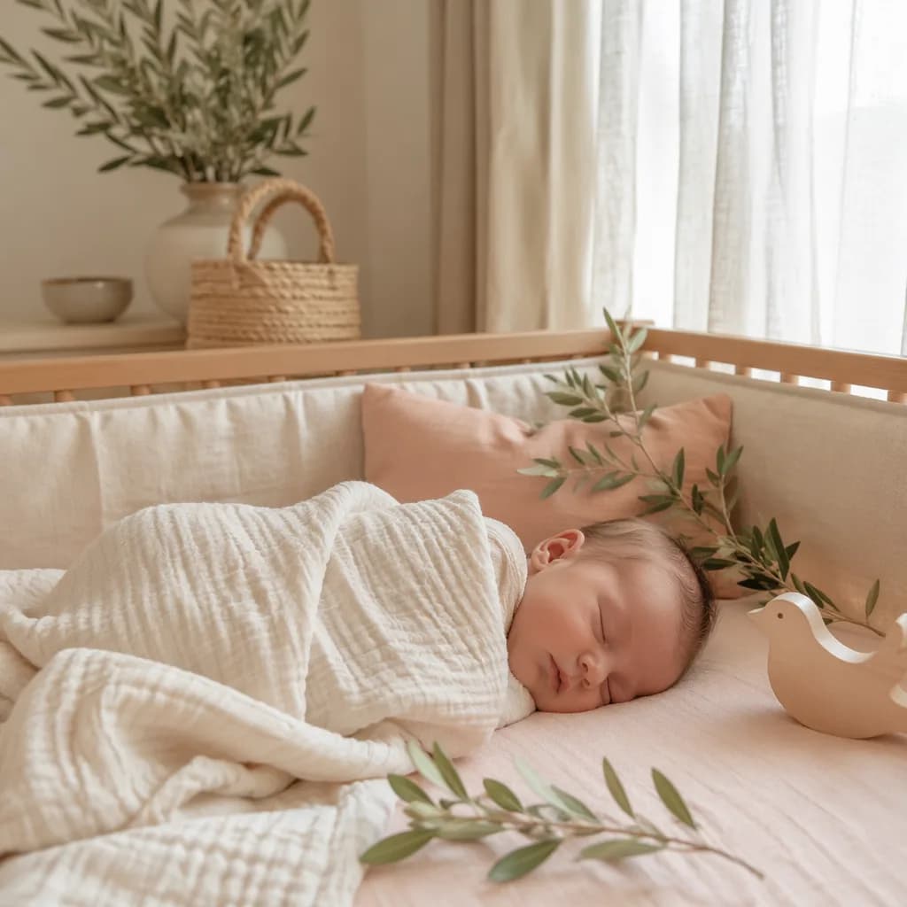 Peaceful pastel nursery with a sleeping baby and olive branch details.