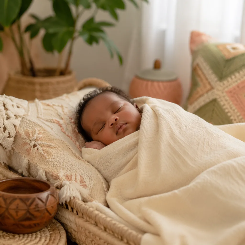 A peacefully sleeping swaddled baby in a warm pastel nursery with subtle Yoruba-inspired decor.