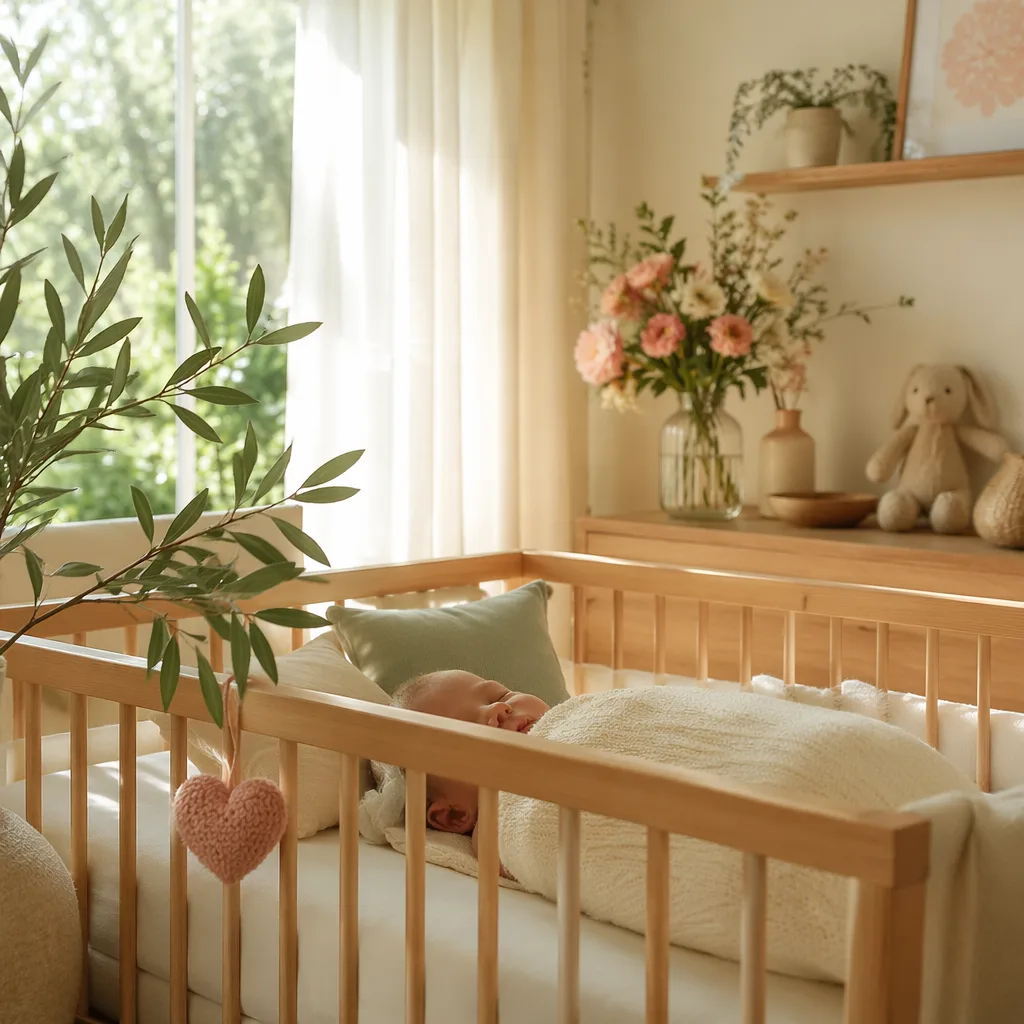 A peaceful pastel nursery with a swaddled newborn, olive branch, garden flowers, and soft natural light.