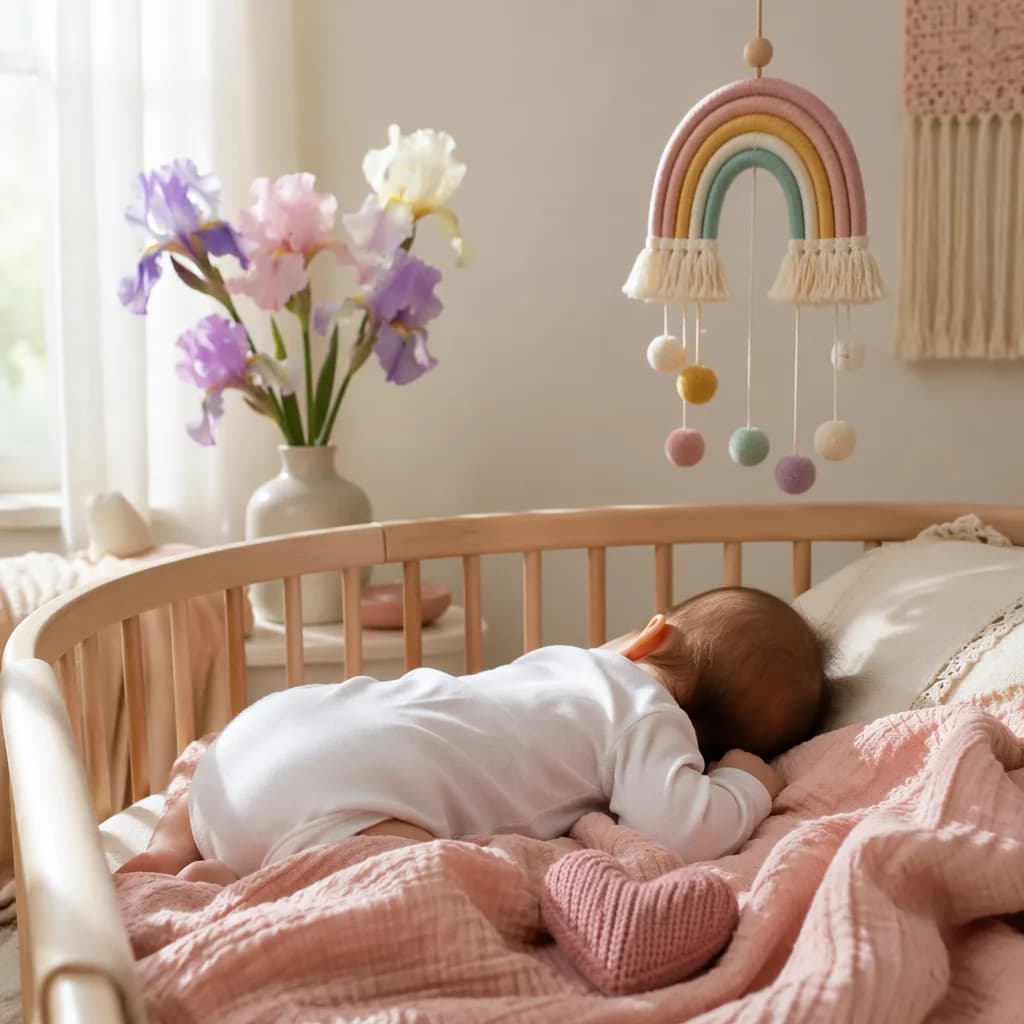 Soft pastel nursery with a sleeping baby, iris flowers, and a gentle rainbow mobile.