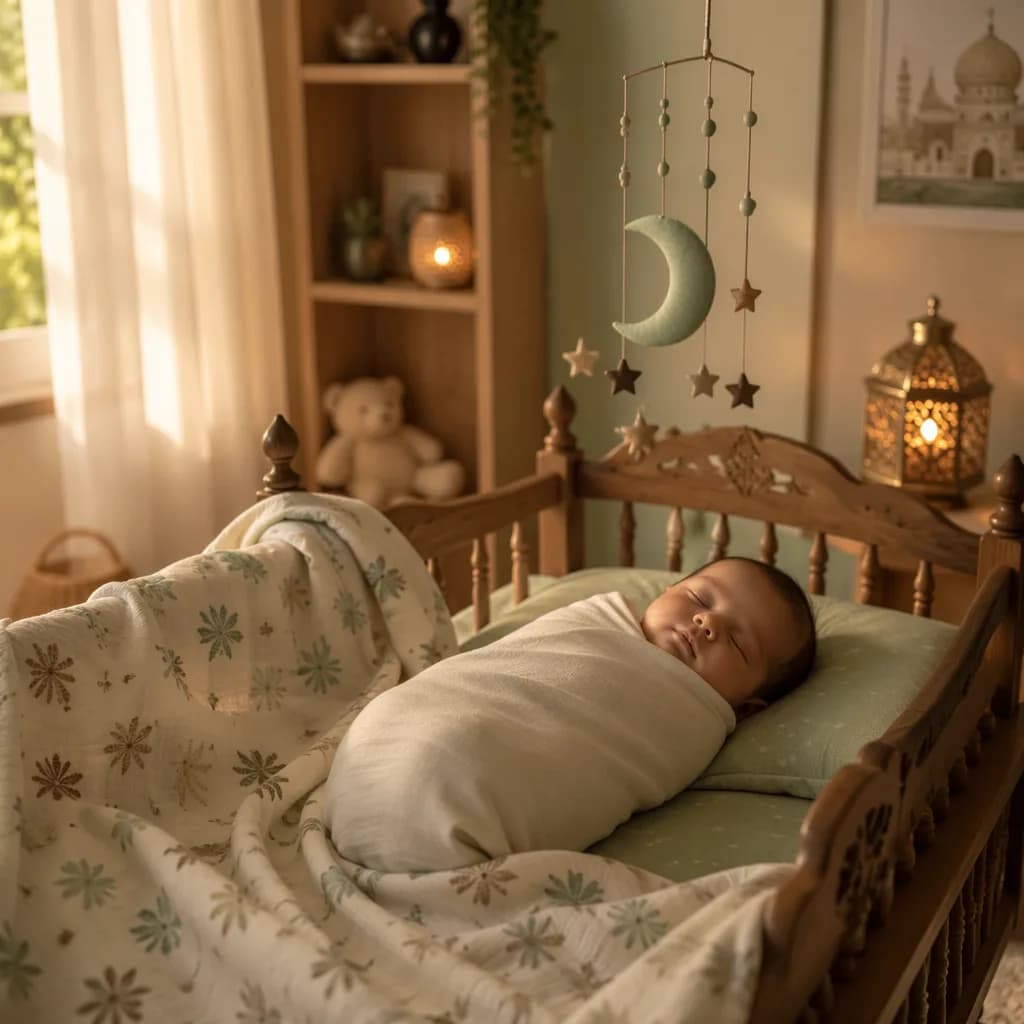 A peacefully sleeping baby in a soft pastel Urdu-inspired nursery with gentle natural light.