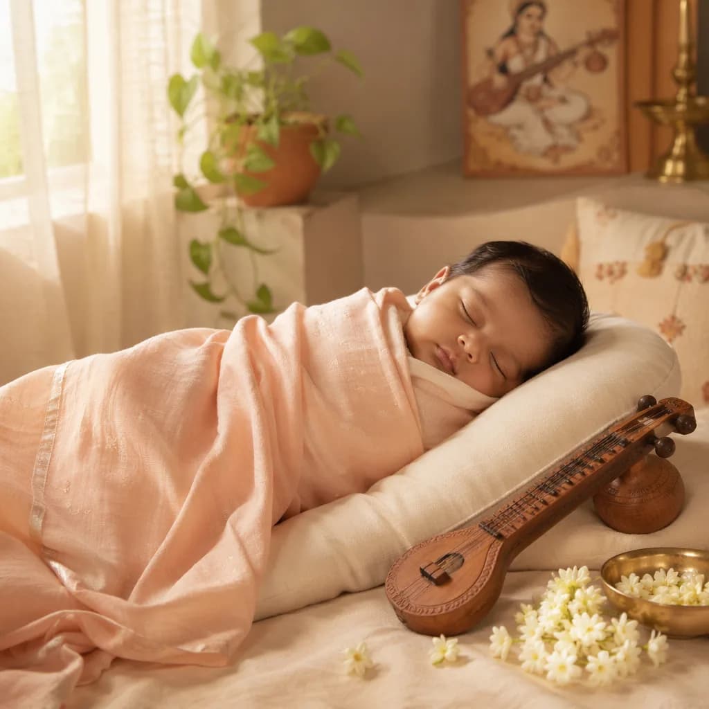 Sleeping baby in a soft Tamil-inspired nursery with musical details and jasmine flowers
