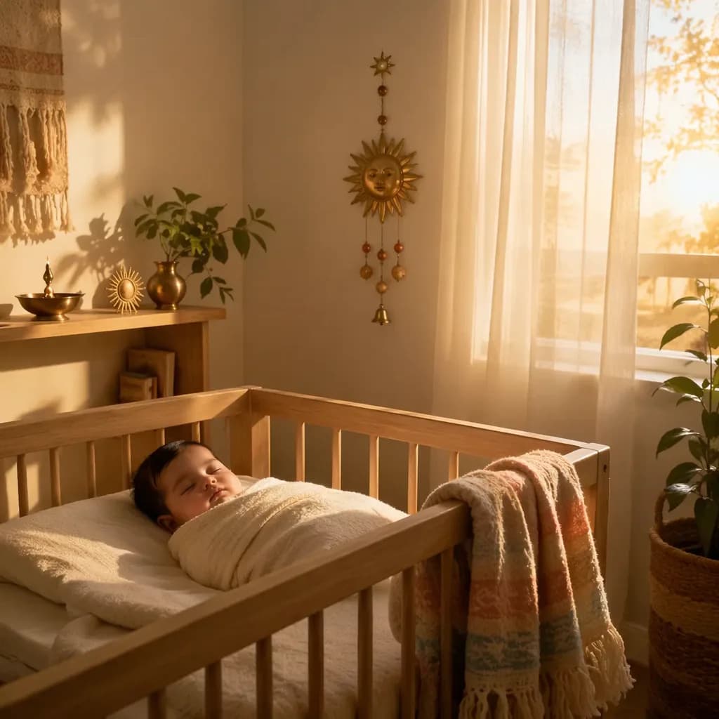 A softly lit nursery with a swaddled sleeping baby and gentle sunrise-inspired decor.
