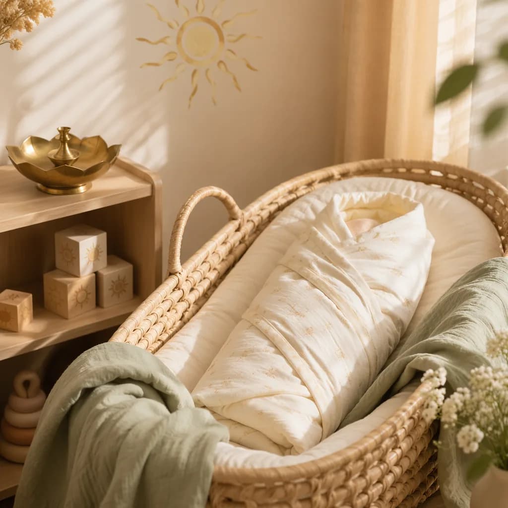 Soft pastel nursery still-life with a bassinet, sunrise light, and gentle Sanskrit-inspired accents.