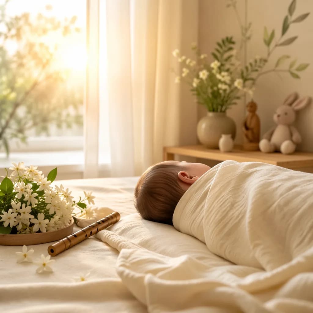 A swaddled newborn in a sunlit pastel nursery with jasmine flowers and a small wooden flute.
