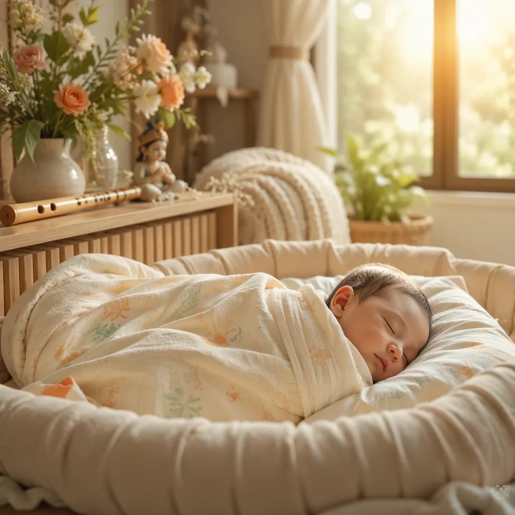 Sleeping baby in a warm pastel nursery with morning light, spring flowers, and a small wooden flute.