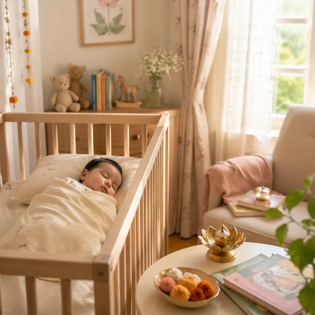 A peaceful pastel nursery with a sleeping swaddled baby in gentle morning light.