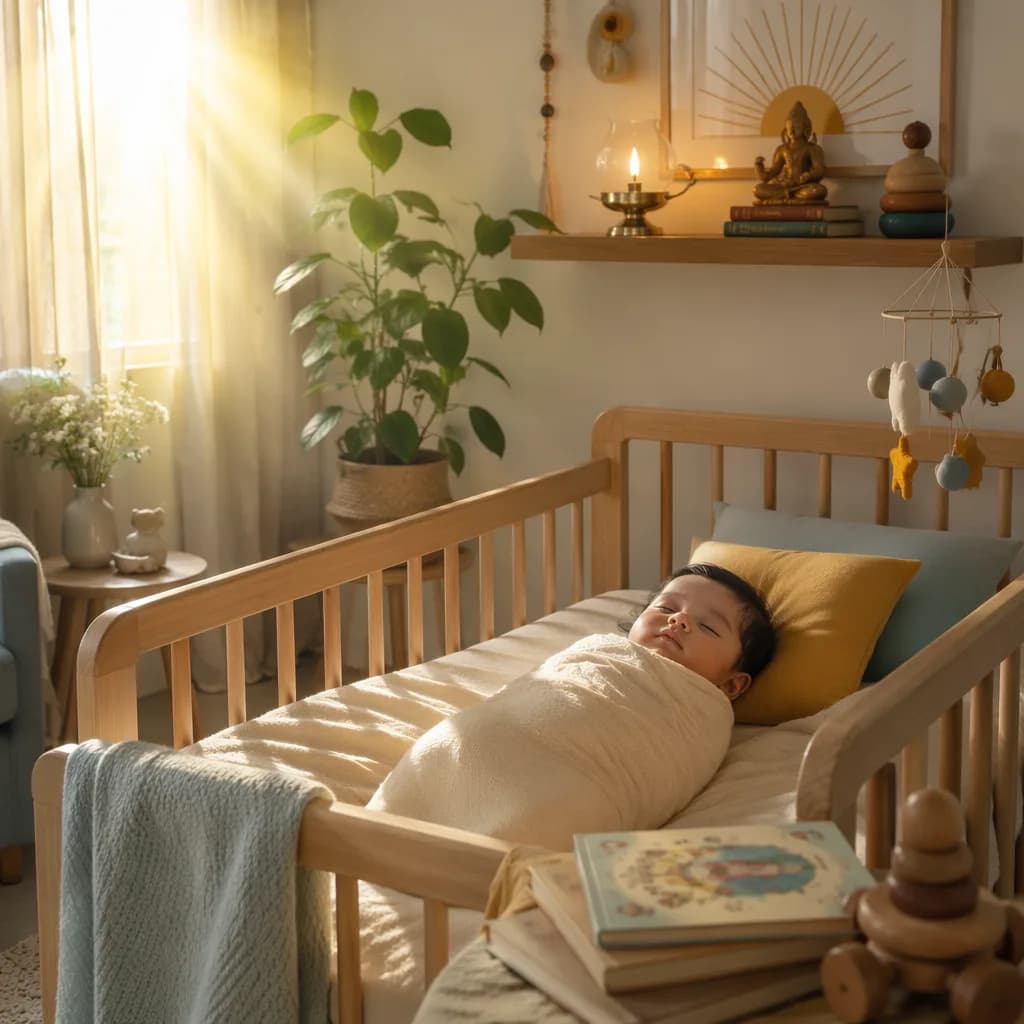 A peaceful Hindi nursery at sunrise with a swaddled baby, soft pastel decor, and warm symbolic details.