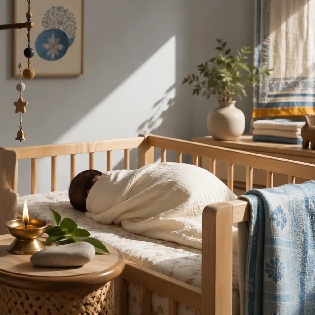 A peaceful Bengali-inspired nursery with a swaddled baby and soft symbolic accents.