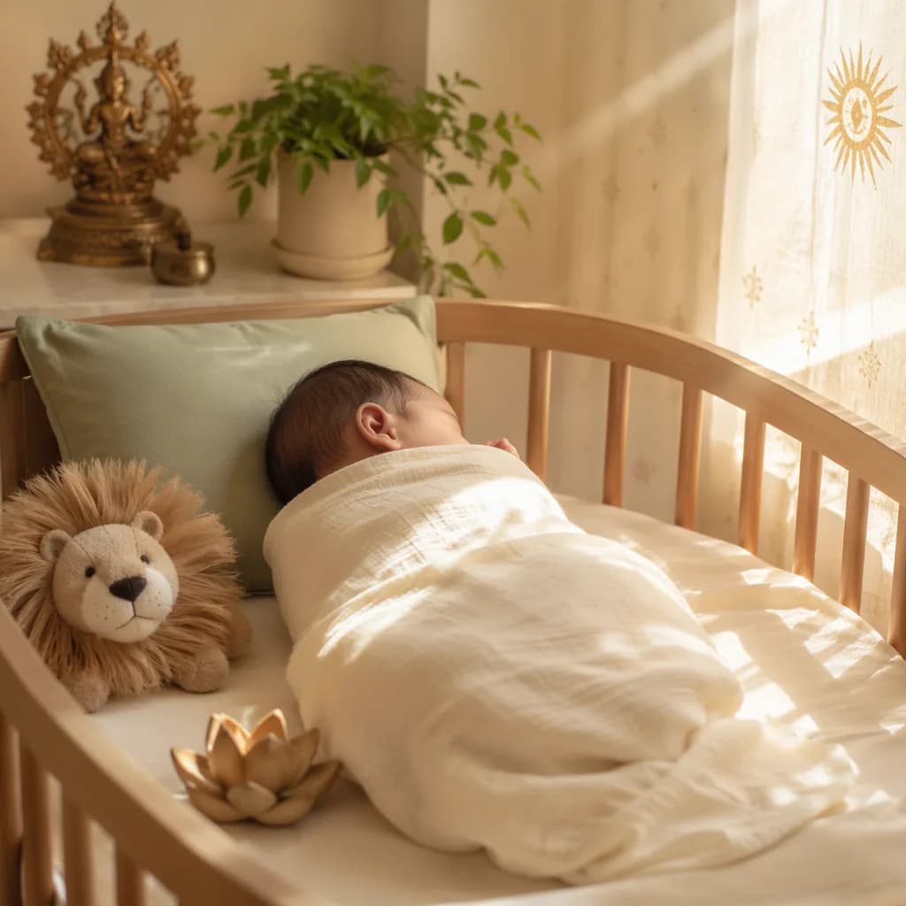 A peaceful swaddled baby in a pastel nursery with a lion plush, lotus toy, and warm morning light.