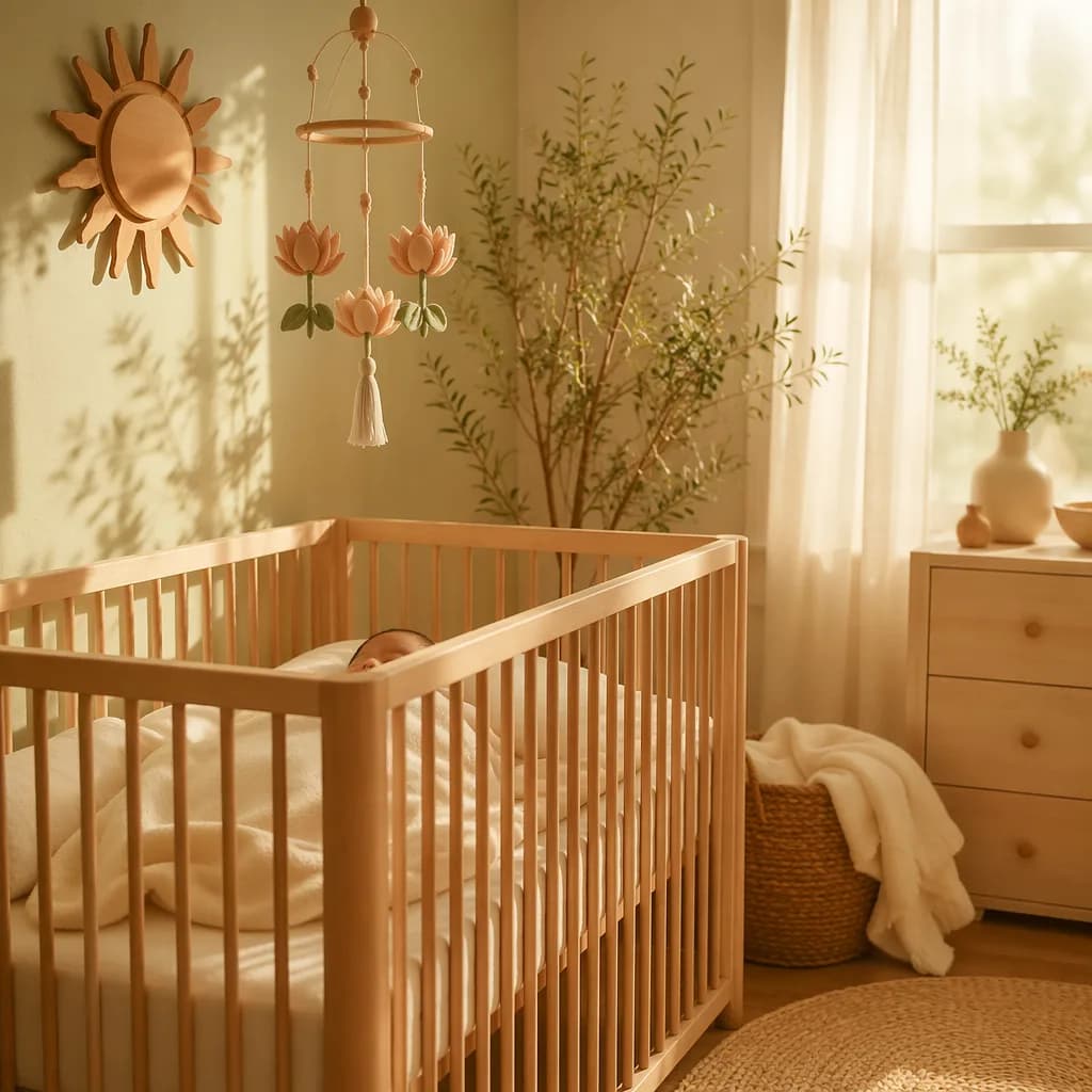 Soft pastel nursery with a sleeping baby, morning sunlight, sun and lotus accents.