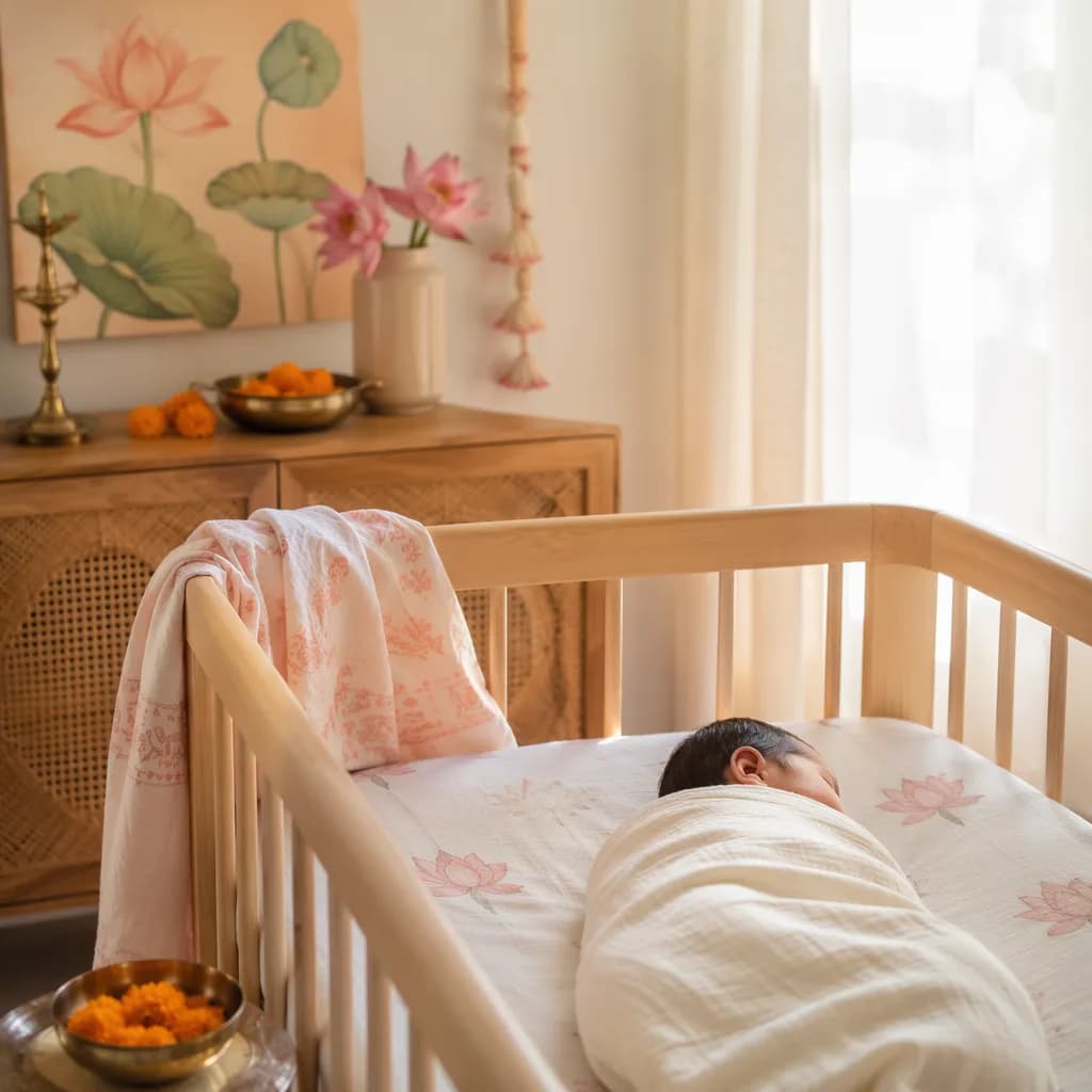 Sleeping baby in a soft pastel Indian-inspired nursery with lotus and marigold accents.