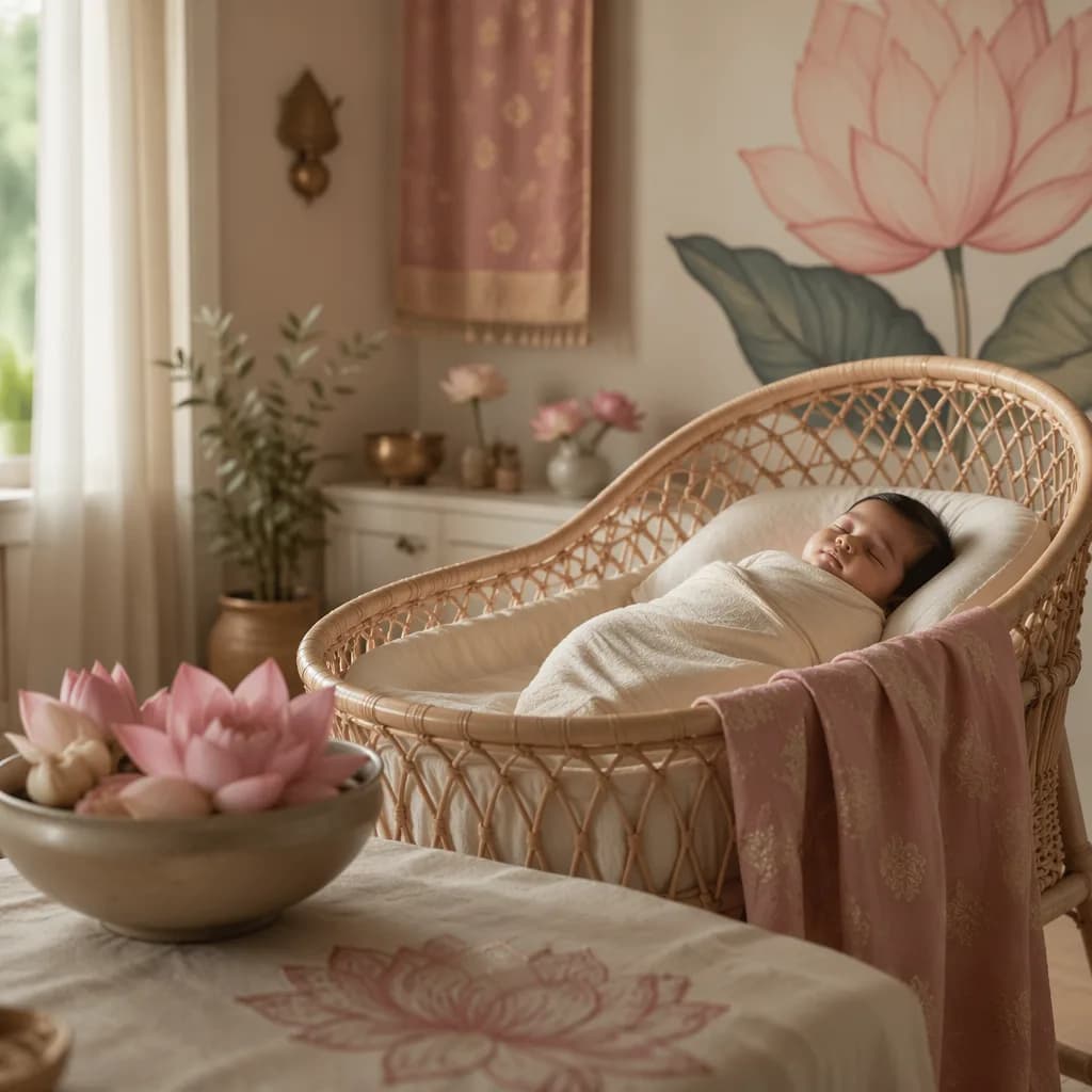 A peaceful baby nursery with a sleeping swaddled baby and soft lotus-inspired decor.
