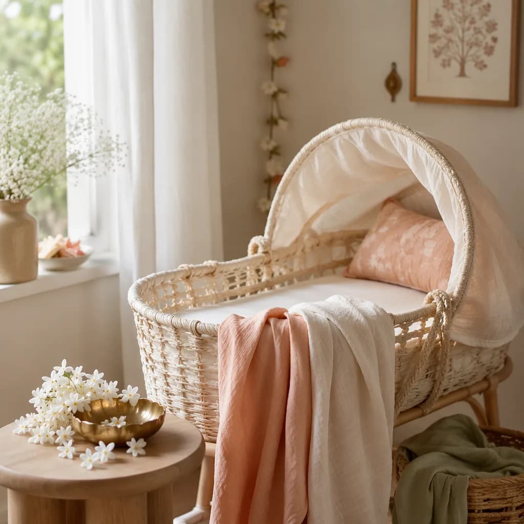 Soft Indian-inspired nursery still-life with jasmine flowers and a cozy bassinet.